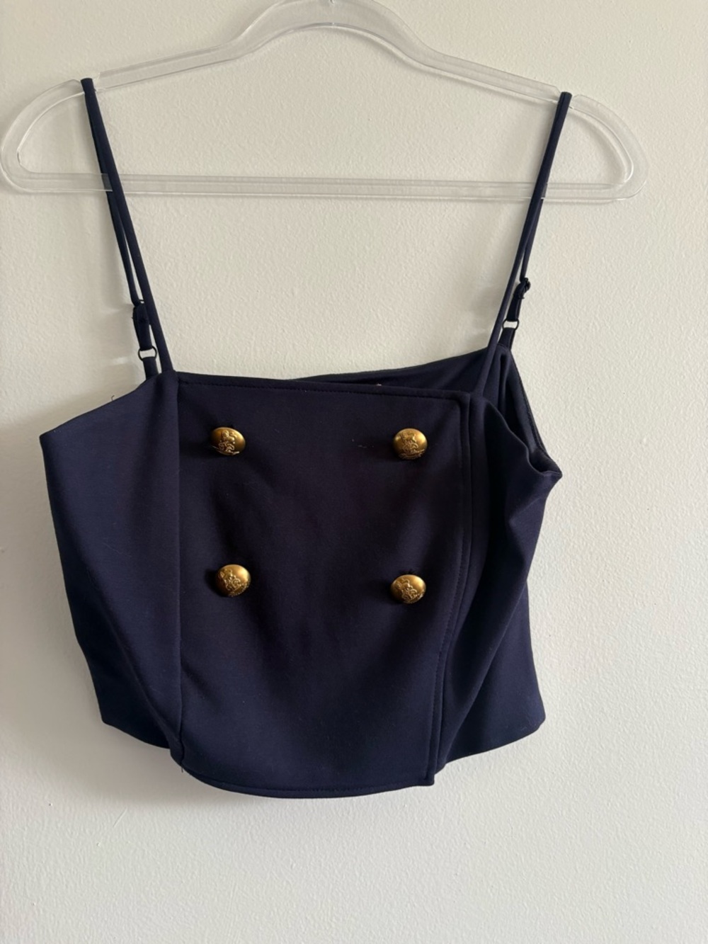 Eva Franco Navy Blue Double-Breasted Cropped Tank Top with Gold Buttons - Picture 2 of 2